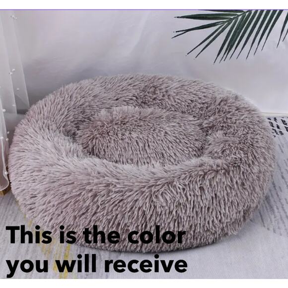 Pet Bed Plush Dog Cat Fluffy Luxury Taupe Medium 19.7" Round Non Slip - Picture 2 of 7